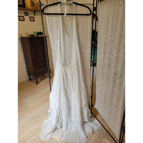 New women's sz lg free people white lace gauzy halter tie dress slice of heaven - Picture 4 of 6